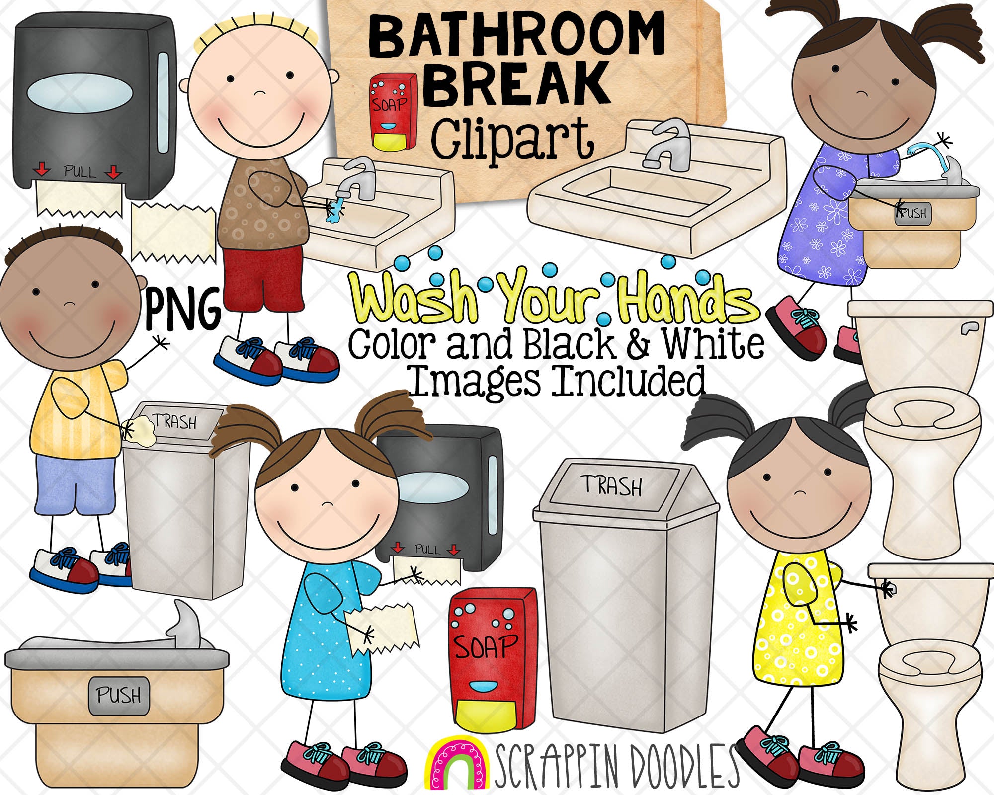 kids cleaning bathroom clipart