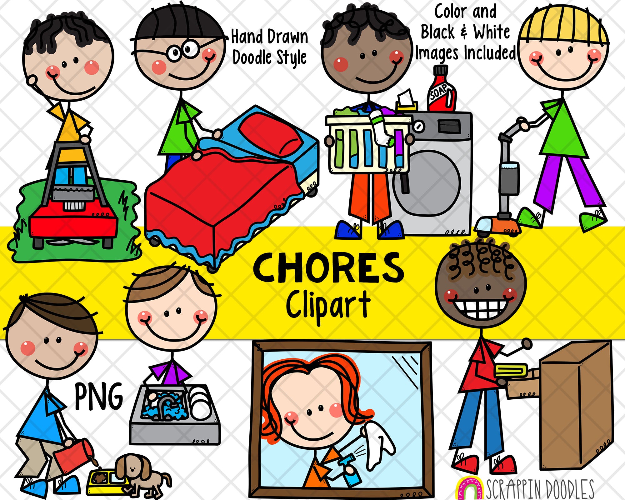 kids cleaning clip art black and white