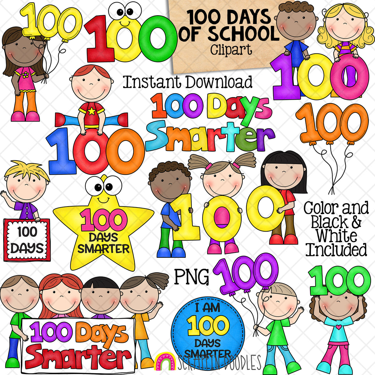 100 Days of School ClipArt - One Hundred Days Smarter - 100th - Commercial Use PNG Sublimation