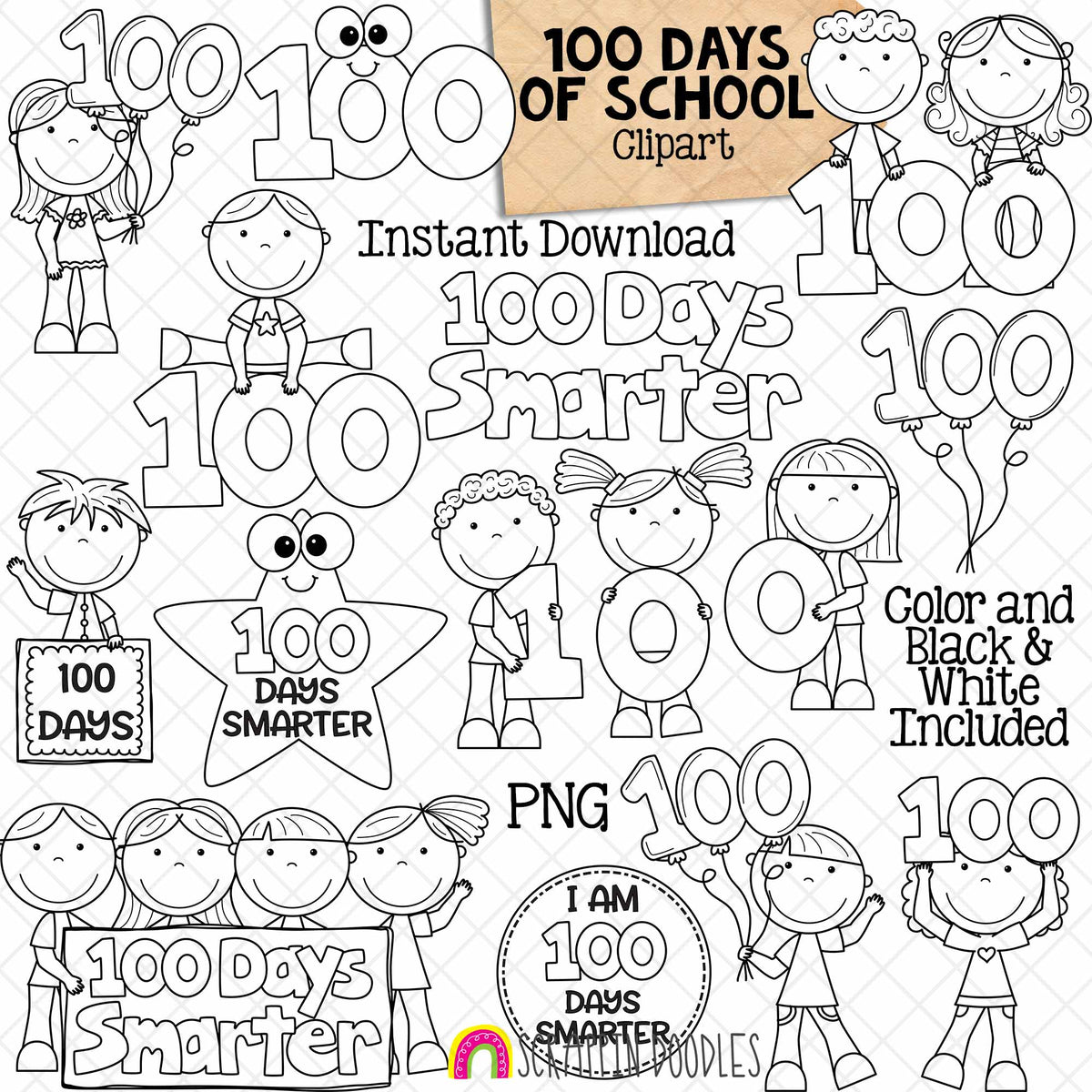 100 Days of School ClipArt - One Hundred Days Smarter - 100th - Commercial Use PNG Sublimation