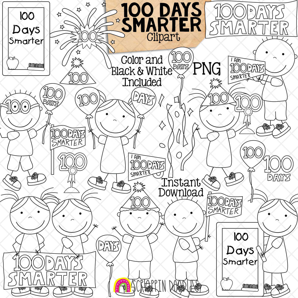 100 Days Smarter ClipArt - One Hundred Days of School - 100th - Commercial Use PNG Sublimation