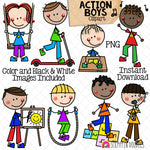 Action ClipArt - Doodle Boys Clip Art - Kids - Dancing - Blowing Bubbles - Scooter - Making Puzzle - Hopscotch - Commercial Use PNG