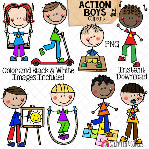 Action ClipArt - Doodle Boys Clip Art - Kids - Dancing - Blowing Bubbles - Scooter - Making Puzzle - Hopscotch - Commercial Use PNG