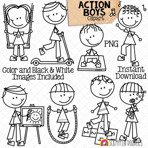 Action ClipArt - Doodle Boys Clip Art - Kids - Dancing - Blowing Bubbles - Scooter - Making Puzzle - Hopscotch - Commercial Use PNG