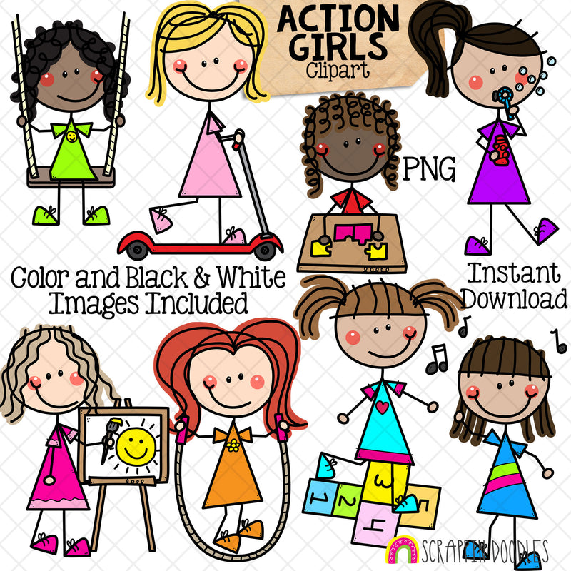 Action ClipArt - Doodle Girls Clip Art - Kids - Dancing - Blowing Bubbles - Scooter - Making Puzzle - Hopscotch - Commercial Use PNG