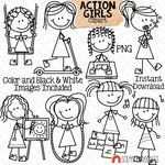 Action ClipArt - Doodle Girls Clip Art - Kids - Dancing - Blowing Bubbles - Scooter - Making Puzzle - Hopscotch - Commercial Use PNG