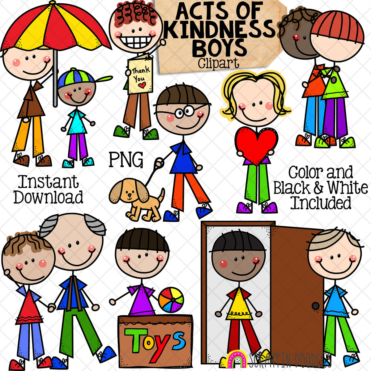 Acts of Kindness Clipart - Doodle Boys - Holding Umbrella - Walking Dog - Opening Door - Thankful Clip Art - Commercial USE - PNG