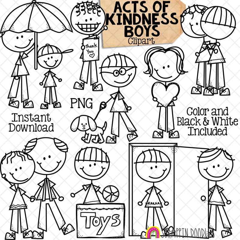 Acts of Kindness Clipart - Doodle Boys - Holding Umbrella - Walking Dog - Opening Door - Thankful Clip Art - Commercial USE - PNG