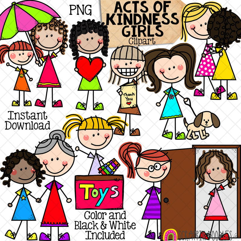 Acts of Kindness Clipart - Doodle Girls - Holding Umbrella - Walking Dog - Opening Door - Thankful Clip Art - Commercial USE - PNG