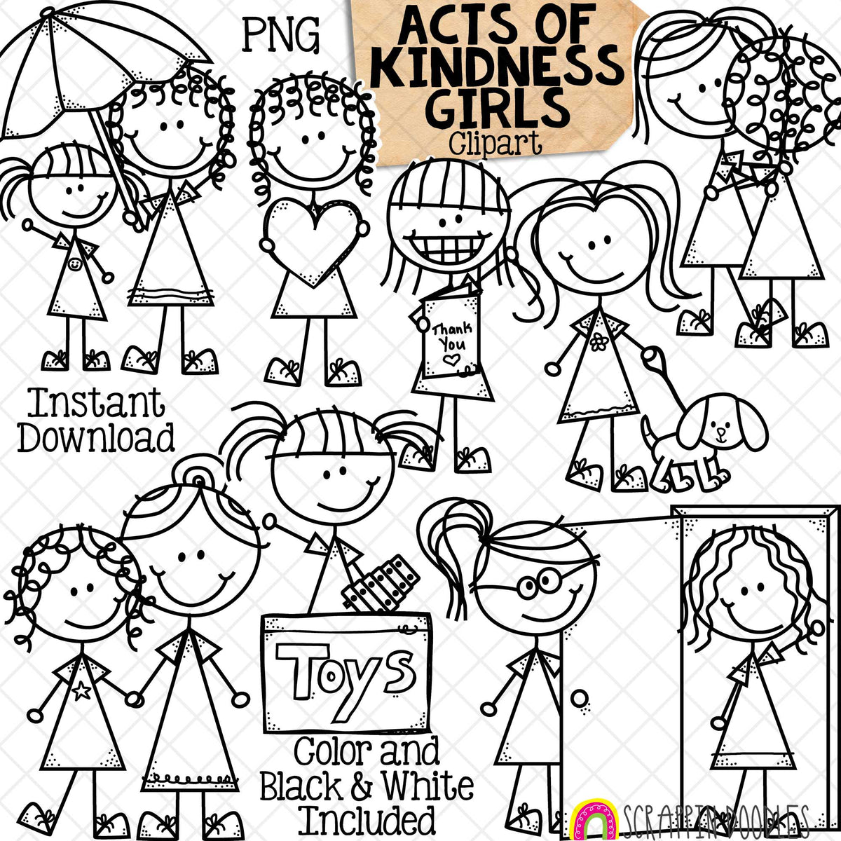 Acts of Kindness Clipart - Doodle Girls - Holding Umbrella - Walking Dog - Opening Door - Thankful Clip Art - Commercial USE - PNG