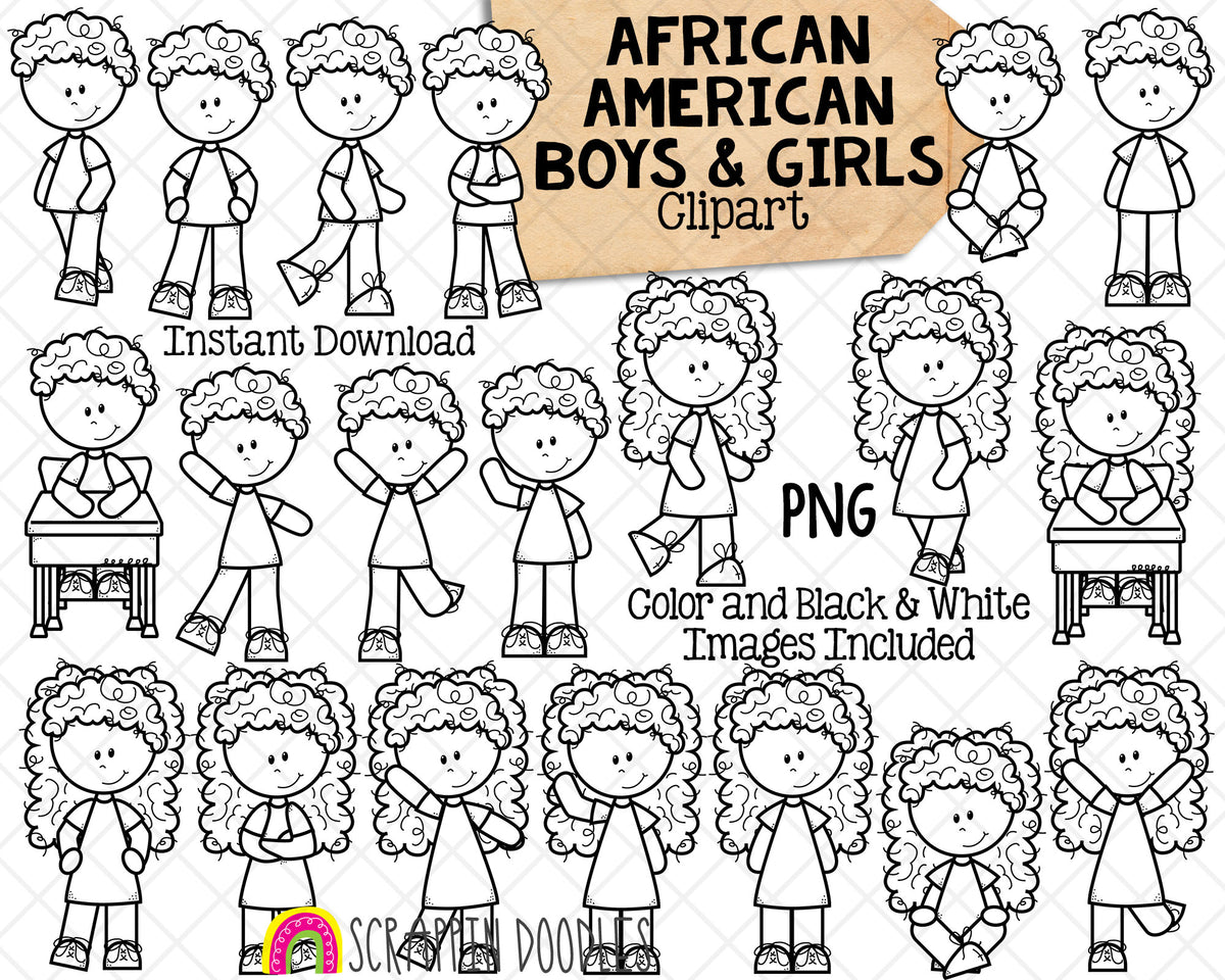 African American Boys and Girls Kids ClipArt - Multi Cultural Children Posing Graphics - Commercial Use PNG