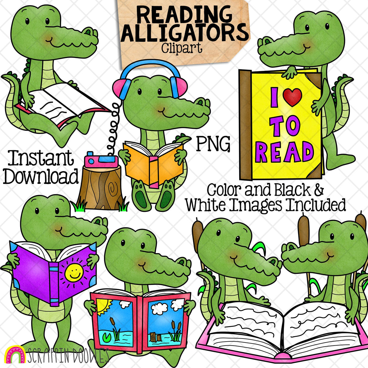 Alligator ClipArt - Alligators Reading Books Graphics - School- Commercial Use PNG Sublimation