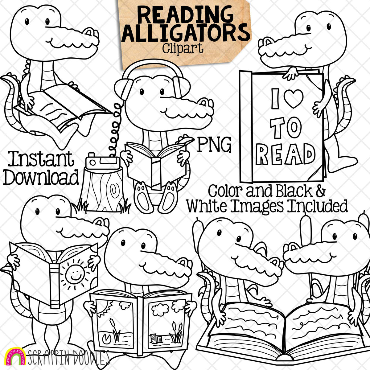 Alligator ClipArt - Alligators Reading Books Graphics - School- Commercial Use PNG Sublimation