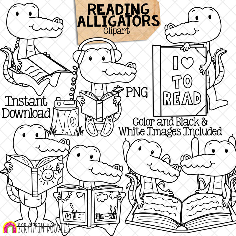 Alligator ClipArt - Alligators Reading Books Graphics - School- Commercial Use PNG Sublimation