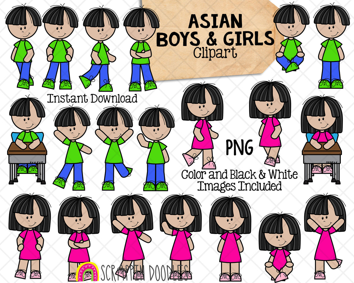 Asian Boys and Girls Kids ClipArt - Multi Cultural Children Posing Graphics - Commercial Use PNG