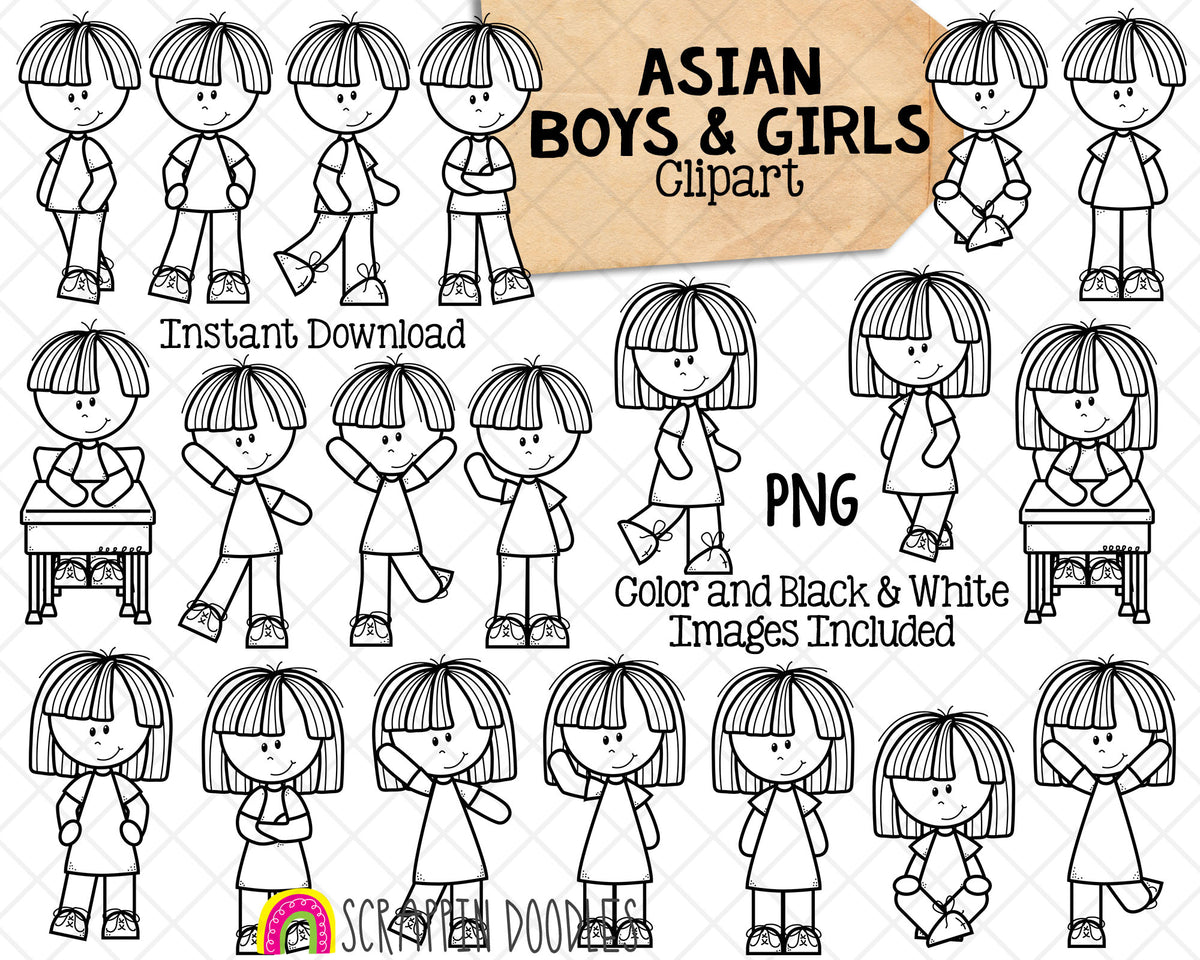 Asian Boys and Girls Kids ClipArt - Multi Cultural Children Posing Graphics - Commercial Use PNG