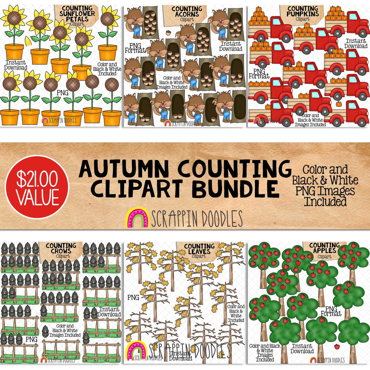 Autumn Counting ClipArt Bundle - Sunflowers - Acorns - Apples - Pumpkins - Crows - Leaves - Seasonal Math Graphics