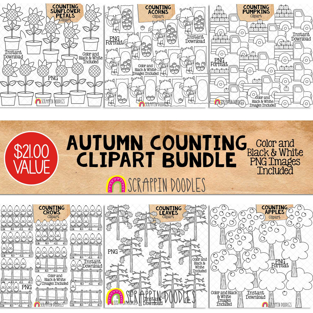 Autumn Counting ClipArt Bundle - Sunflowers - Acorns - Apples - Pumpkins - Crows - Leaves - Seasonal Math Graphics