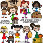 Autumn Clipart - Doodle Girs Fall Fun Clip Art - Farm - Acorn - Leaf Pile - Pumpkin Patch - Apple Picking -Commercial Use PNG - Sublimation