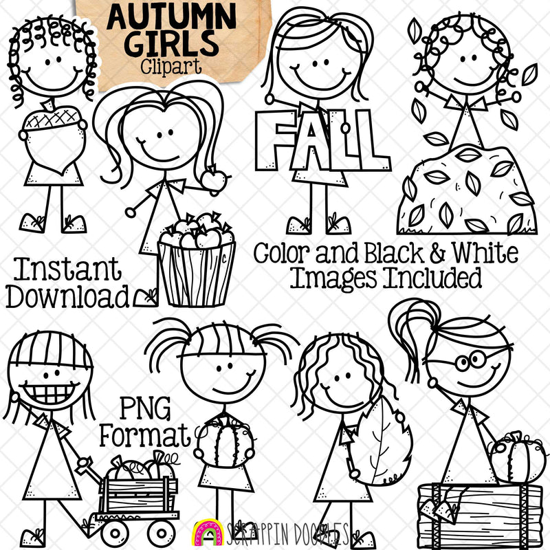 Autumn Clipart - Doodle Girls Fall Fun Clip Art - Farm - Acorn - Leaf Pile - Pumpkin Patch - Apple Picking -Commercial Use PNG - Sublimation