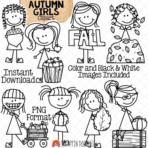 Autumn Clipart - Doodle Girls Fall Fun Clip Art - Farm - Acorn - Leaf Pile - Pumpkin Patch - Apple Picking -Commercial Use PNG - Sublimation