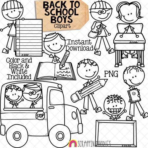 Back to School ClipArt - Doodle Boys - School Bus - Student Classroom - Hand Drawn - CU PNG - Sublimation Graphics