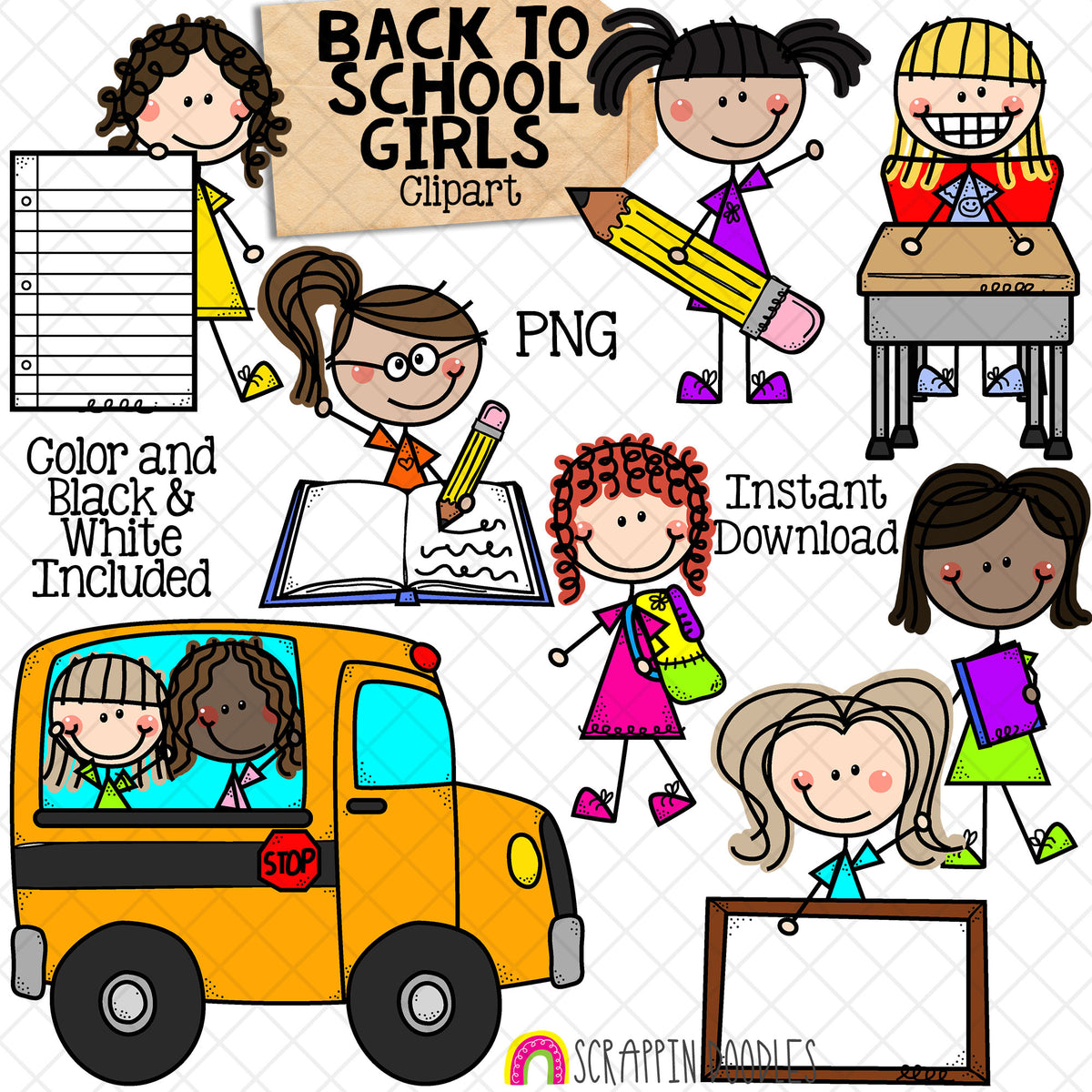 Back to School ClipArt - Doodle Girls - School Bus - Student Classroom - Hand Drawn - CU PNG - Sublimation Graphics