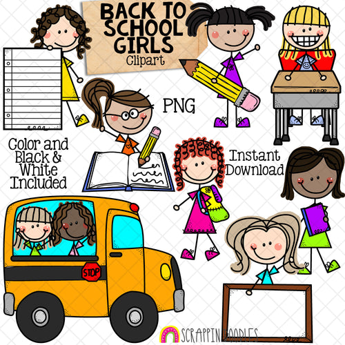 Back to School ClipArt - Doodle Girls - School Bus - Student Classroom - Hand Drawn - CU PNG - Sublimation Graphics