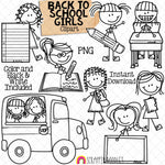 Back to School ClipArt - Doodle Girls - School Bus - Student Classroom - Hand Drawn - CU PNG - Sublimation Graphics