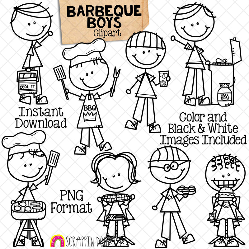 Backyard BBQ ClipArt - Doodle Boys Barbecue - Picnic - Backyard Cookout - Summer Clipart - Party Food - Cooking - King of the Grill - CU - Hand Drawn PNG