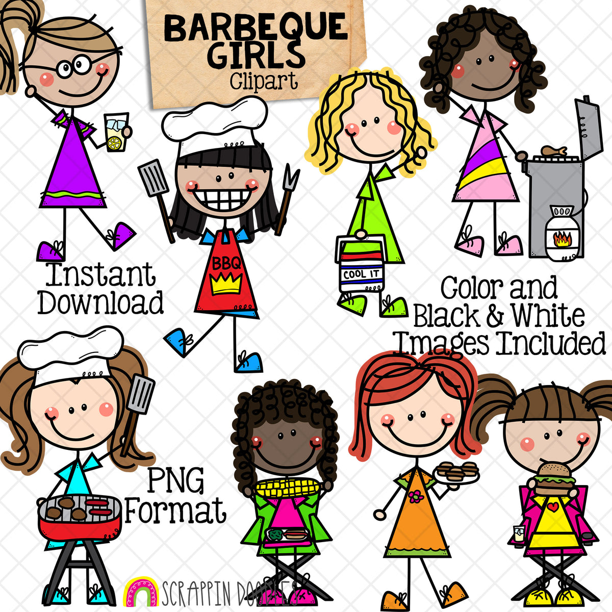 Backyard BBQ ClipArt - Doodle Girls Barbecue - Picnic - Backyard Cookout - Summer Clipart - Party Food - Cooking - Queen of the Grill - CU - Hand Drawn PNG