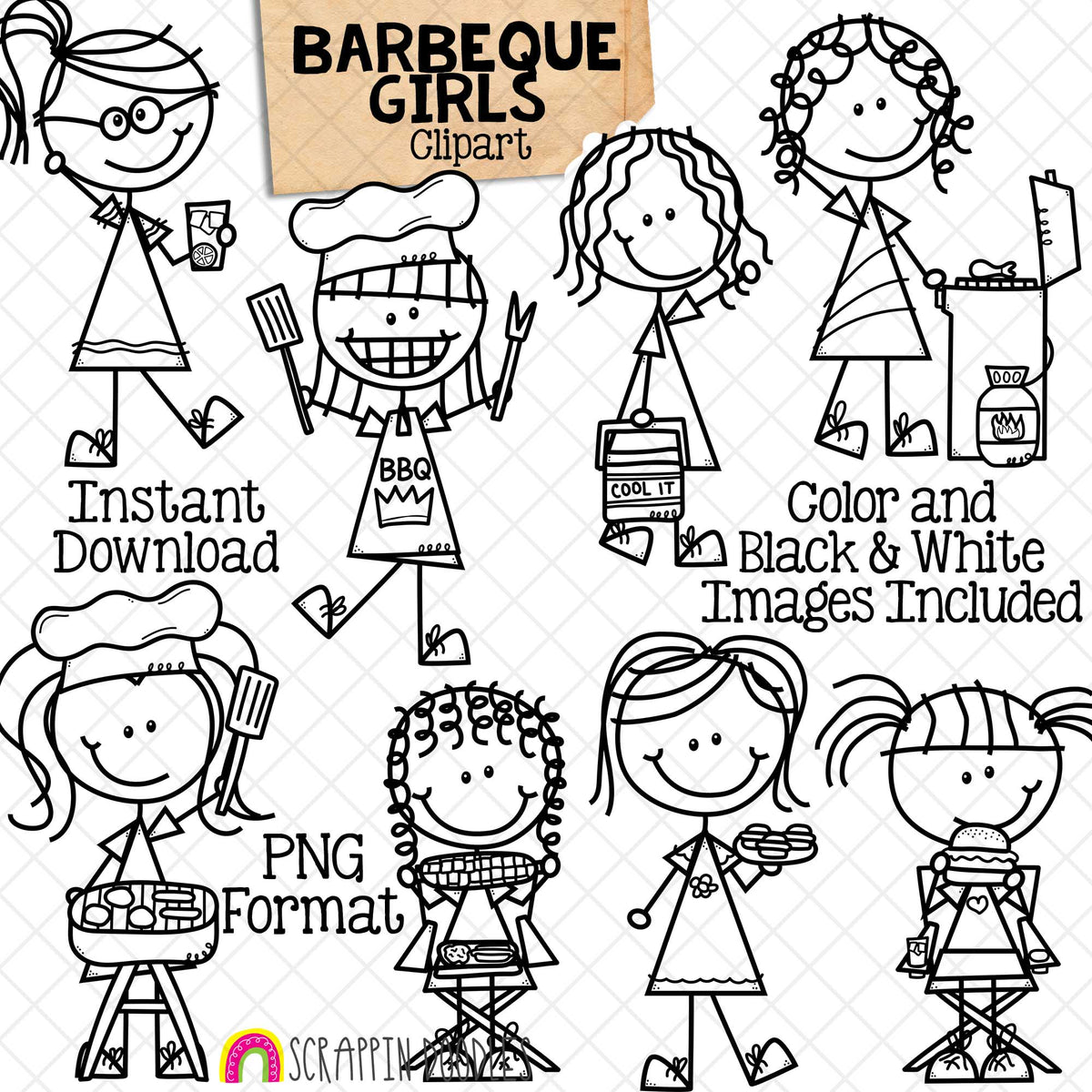 Backyard BBQ ClipArt - Doodle Girls Barbecue - Picnic - Backyard Cookout - Summer Clipart - Party Food - Cooking - Queen of the Grill - CU - Hand Drawn PNG