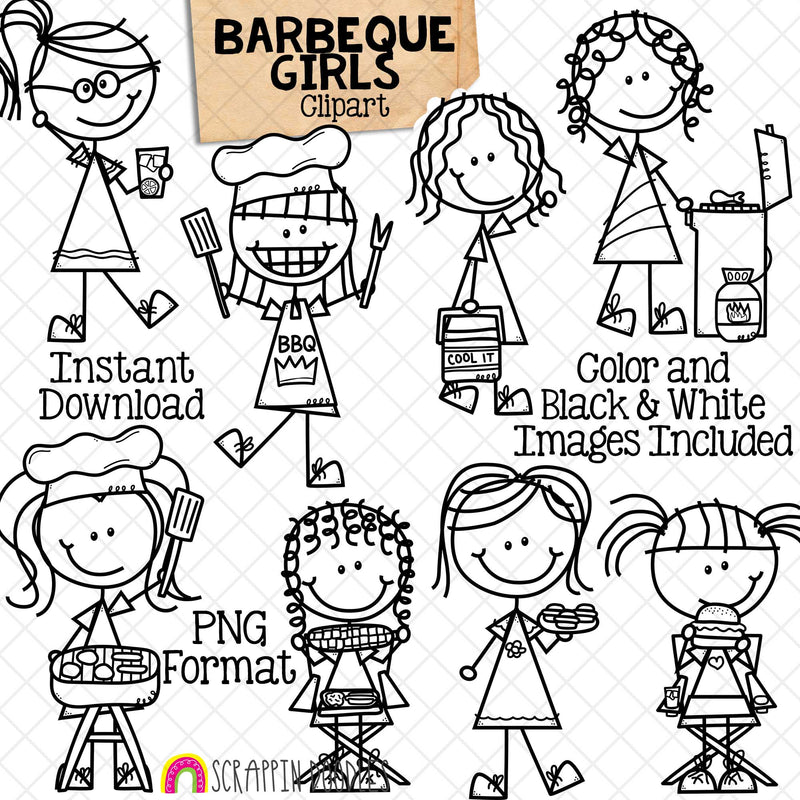 Backyard BBQ ClipArt - Doodle Girls Barbecue - Picnic - Backyard Cookout - Summer Clipart - Party Food - Cooking - Queen of the Grill - CU - Hand Drawn PNG