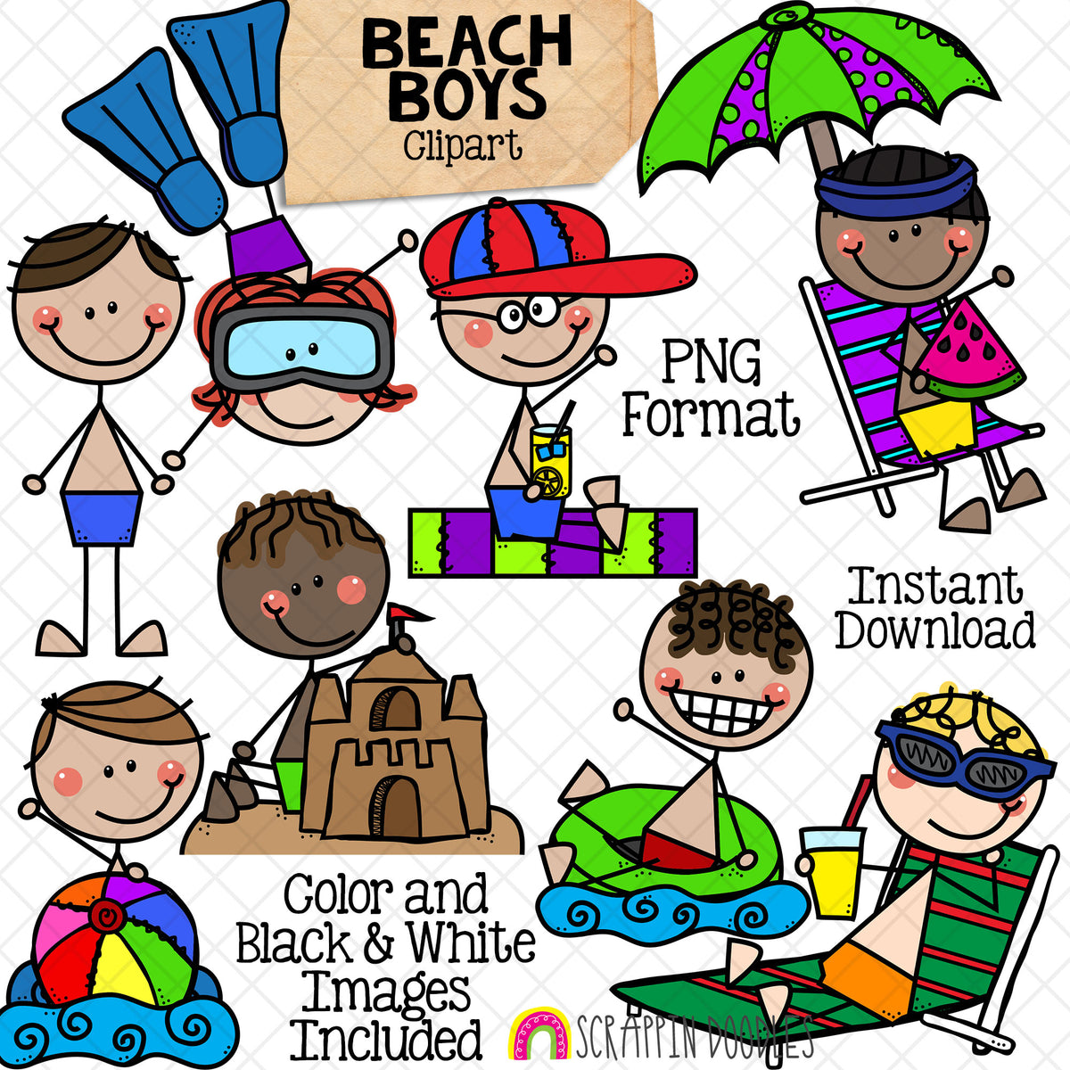 Beach Clip Art - Doodle Boys at the Beach - Kids Snorkeling - Sun Bathing - Building Sand Castle - Swimming - Stick Figure Graphics - Commercial Use PNG