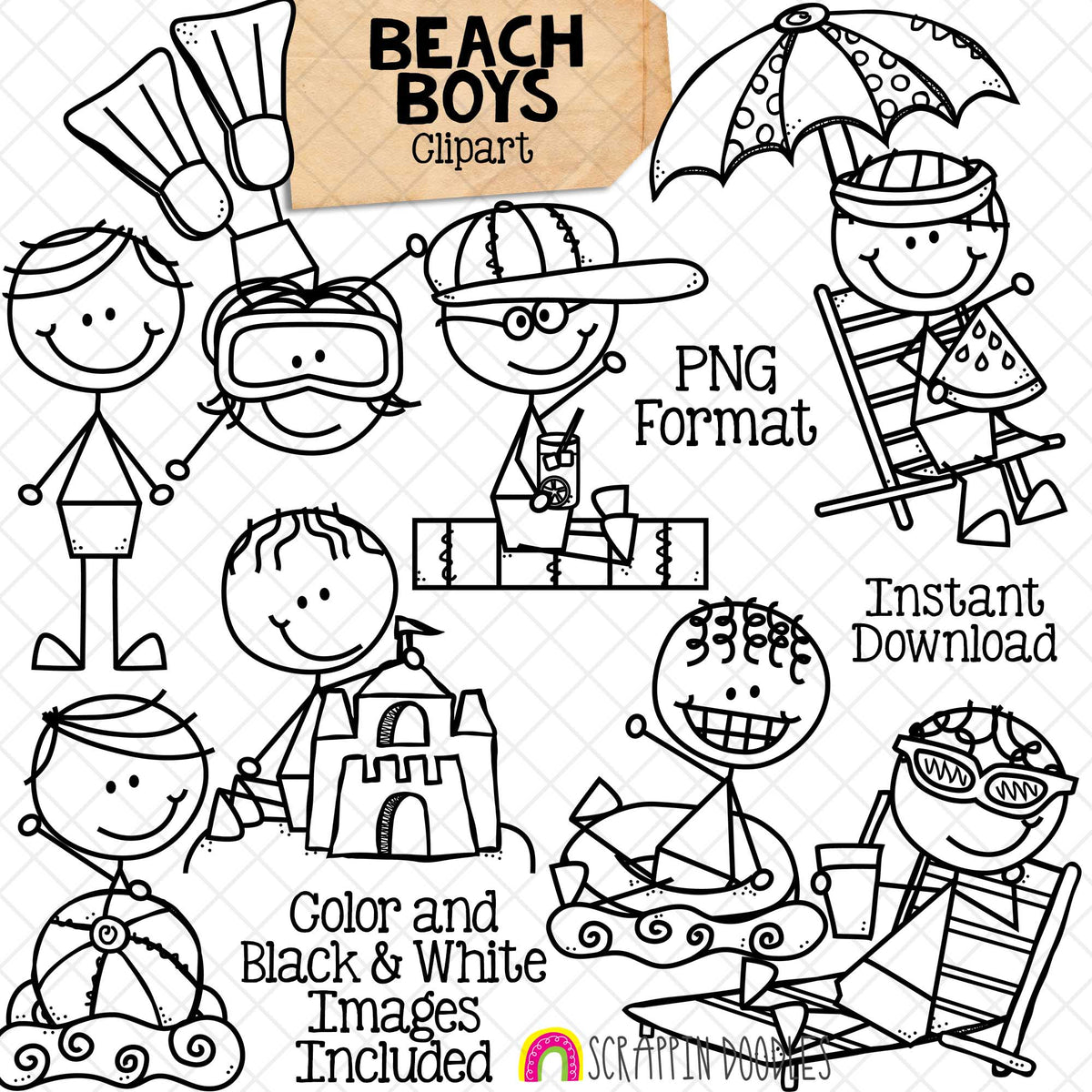 Beach Clip Art - Doodle Boys at the Beach - Kids Snorkeling - Sun Bathing - Building Sand Castle - Swimming - Stick Figure Graphics - Commercial Use PNG