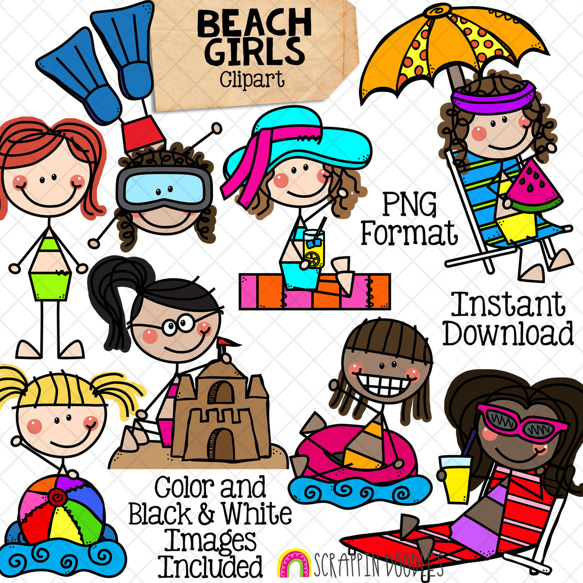 Beach Clip Art - Doodle Girls at the Beach - Kids Snorkeling - Sun Bathing - Building Sand Castle - Swimming