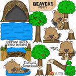 Beaver ClipArt - Woodland Beavers - Logs - Habitat - Trees - Chewing - Den - Dam - Commercial Use