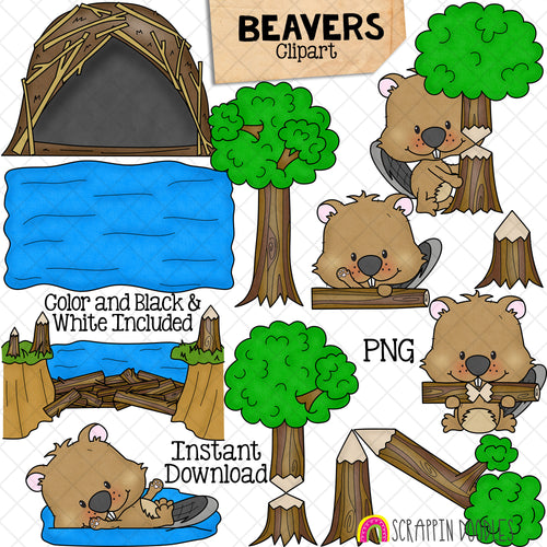 Beaver ClipArt - Woodland Beavers - Logs - Habitat - Trees - Chewing - Den - Dam - Commercial Use