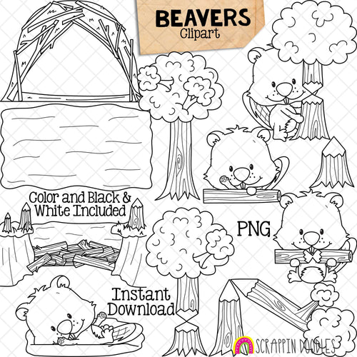 Beaver ClipArt - Woodland Beavers - Logs - Habitat - Trees - Chewing - Den - Dam - Commercial Use