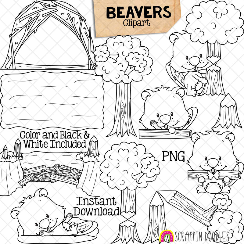 Beaver ClipArt - Woodland Beavers - Logs - Habitat - Trees - Chewing - Den - Dam - Commercial Use