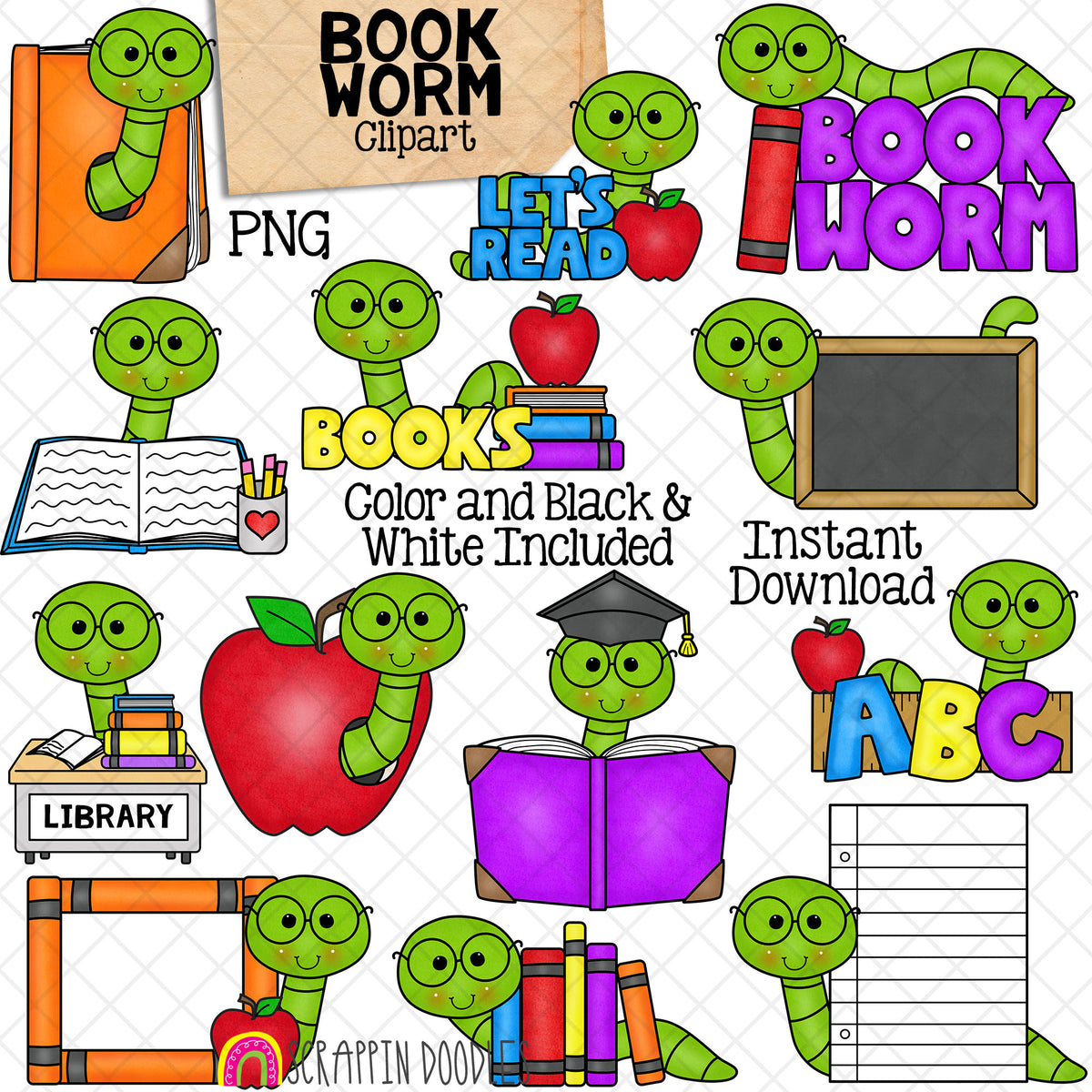 BookWorm ClipArt - Worms Reading Books - School Worms - Commercial Use PNG - Instant Download Sublimation Graphics