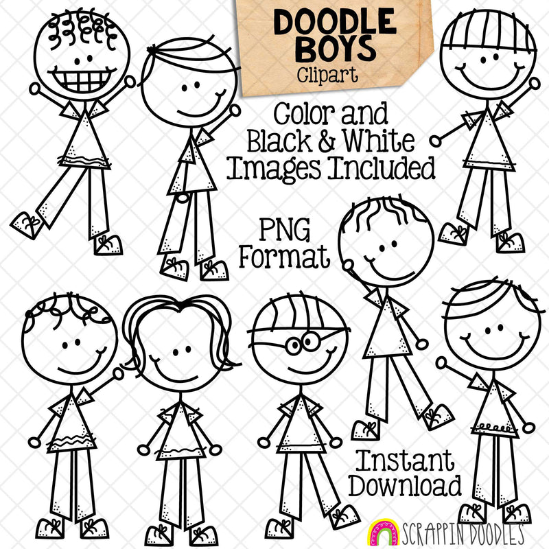 Doodle Boys Clipart - Boy Graphics - Standing - Multi Cultural Kids - Hand Drawn PNG - Commercial Use Allowed