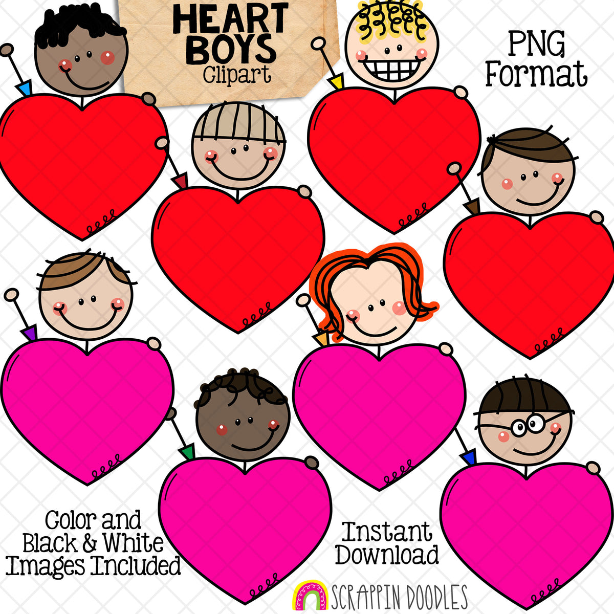 Boys Holding Hearts Clip Art - Valentines Day Doodle Kids Clipart - Valentine Stick Figure Graphics -Commercial Use PNG - Sublimation