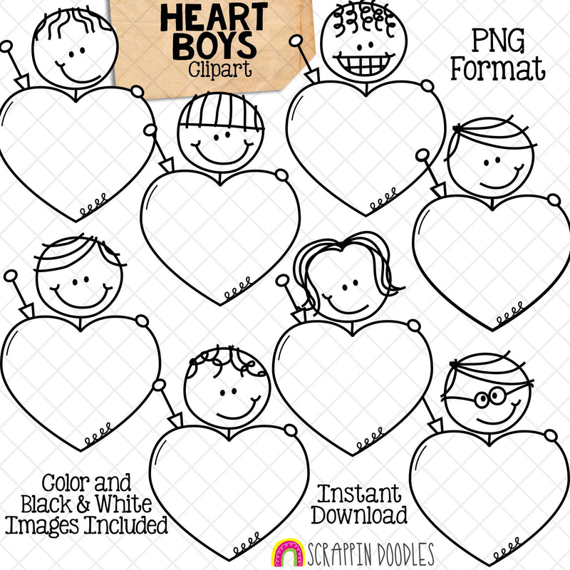 Boys Holding Hearts Clip Art - Valentines Day Doodle Kids Clipart - Valentine Stick Figure Graphics -Commercial Use PNG - Sublimation