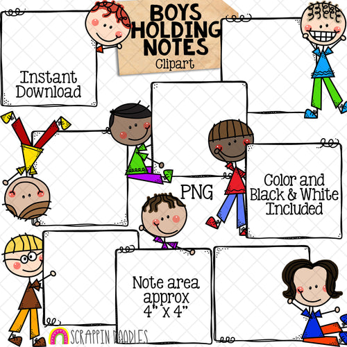 Holding Notes ClipArt - Doodle Boys - Kids Holding Frames - School Clip Art - Hand Drawn PNG - Planner Clipart -Commercial Use PNG - Sublimation