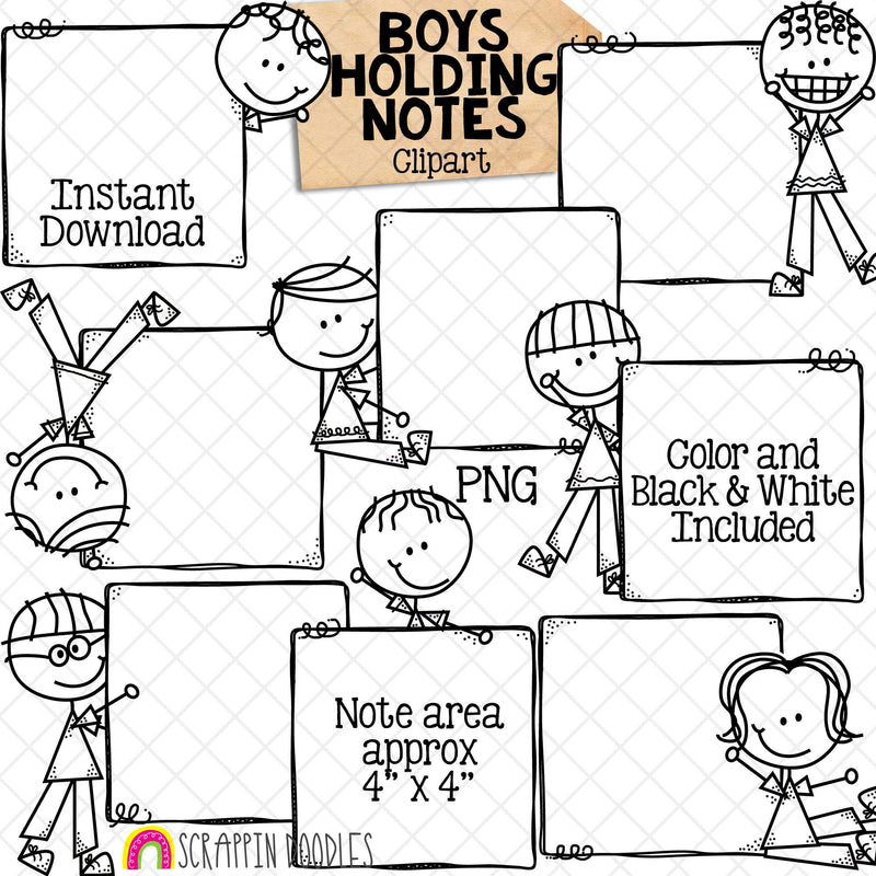 Holding Notes ClipArt - Doodle Boys - Kids Holding Frames - School Clip Art - Hand Drawn PNG - Planner Clipart -Commercial Use PNG - Sublimation