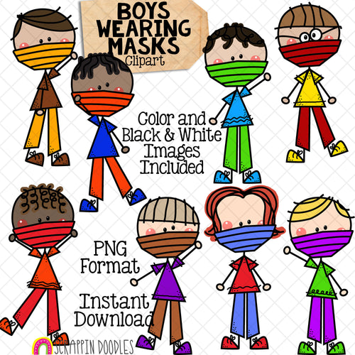 Boys Wearing Masks Clip Art - Doodle Boys - Stick Figure Graphics - Commercial Use PNG