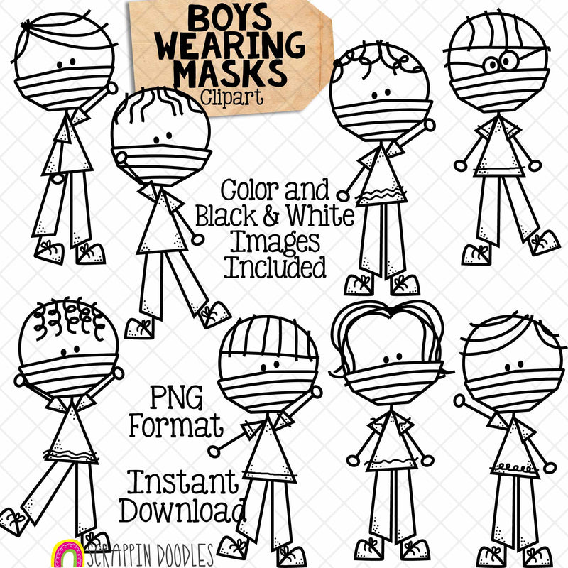 Boys Wearing Masks Clip Art - Doodle Boys - Stick Figure Graphics - Commercial Use PNG