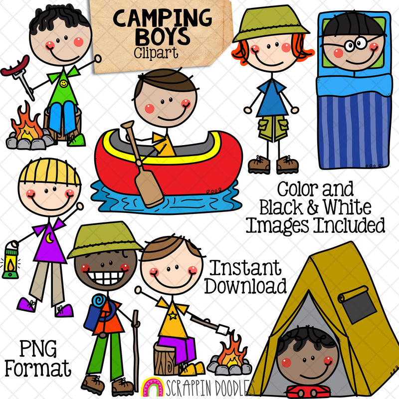 Camping Clipart - Doodle Boys Camping - Backpacking - Hiking - Campfire - Canoeing - Tent - Kids Summer Camp - Woodlands - Hand Drawn PNG - Commercial Use Allowed