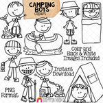 Camping Clipart - Doodle Boys Camping - Backpacking - Hiking - Campfire - Canoeing - Tent - Kids Summer Camp - Woodlands - Hand Drawn PNG - Commercial Use Allowed